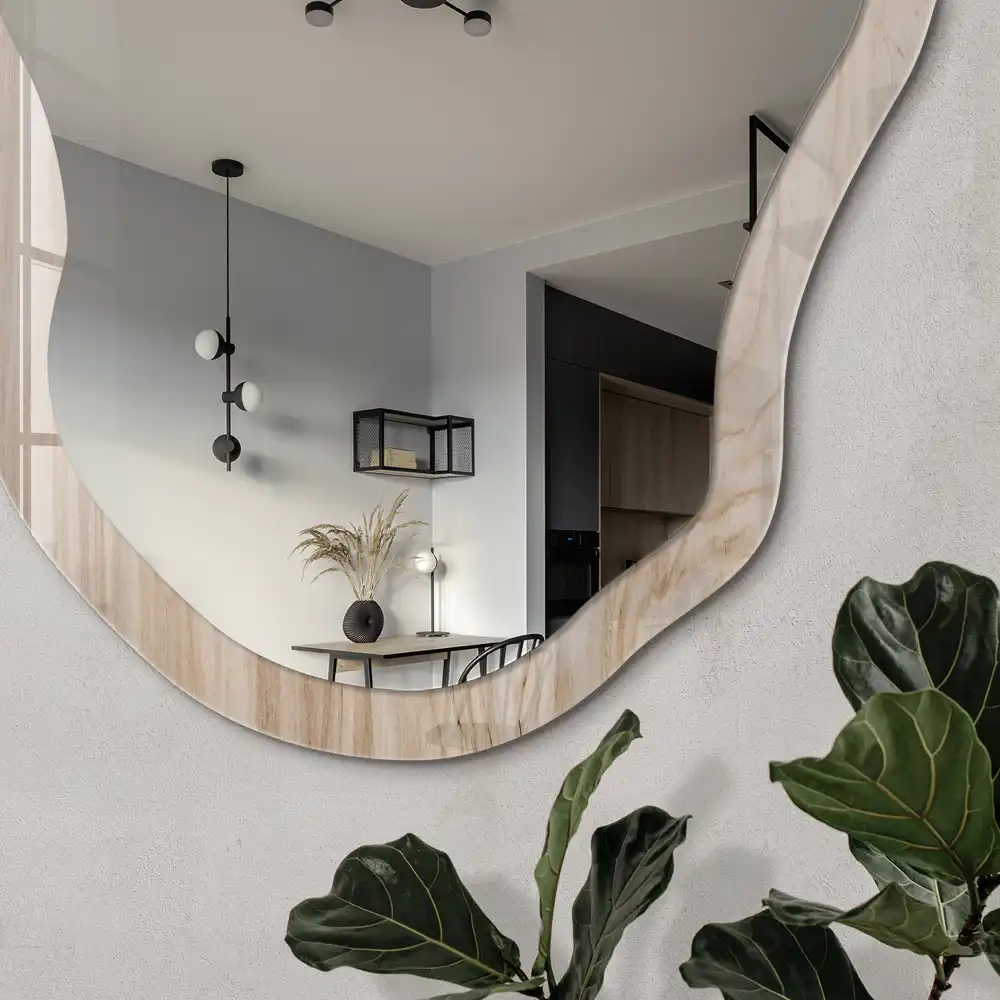 Miroir décoratif irrégulier avec impression cernes de bois
