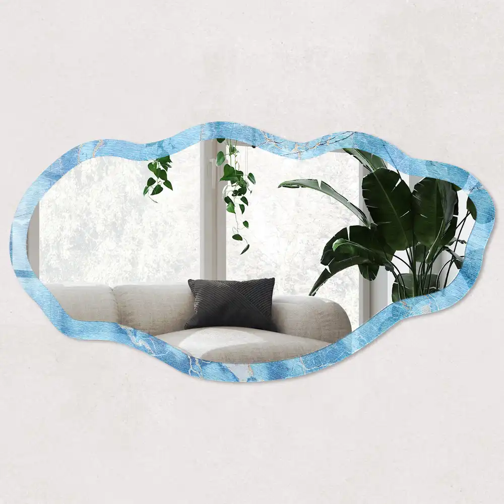 Miroir encadré avec impression effet marbre bleu forme irrégulière