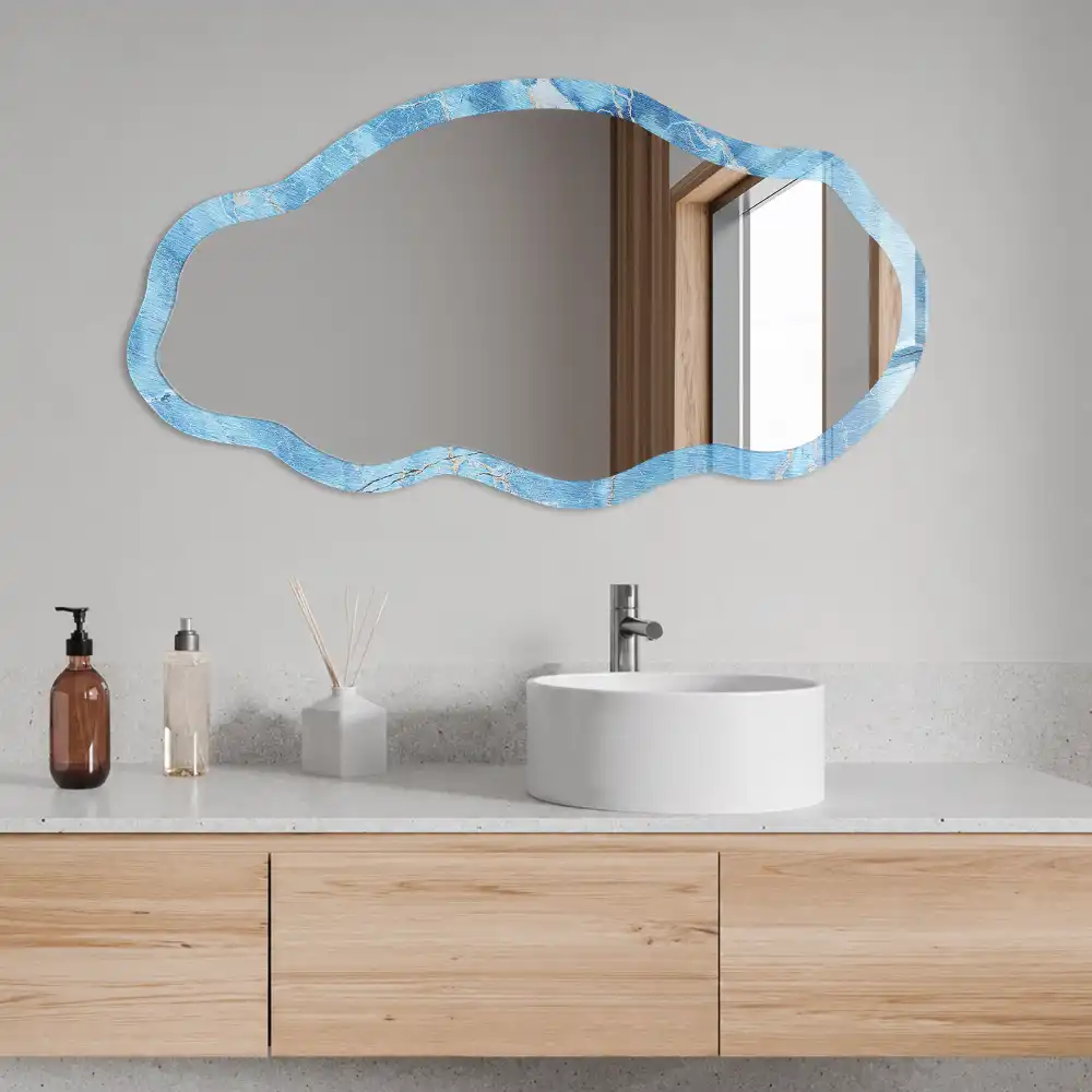 Miroir encadré avec impression effet marbre bleu forme irrégulière