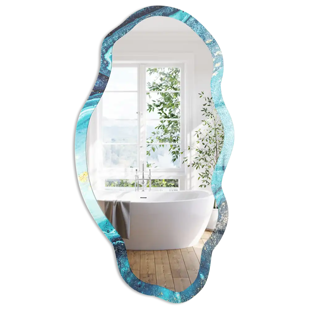 Miroir encadré avec impression forme irrégulière vague abstraite