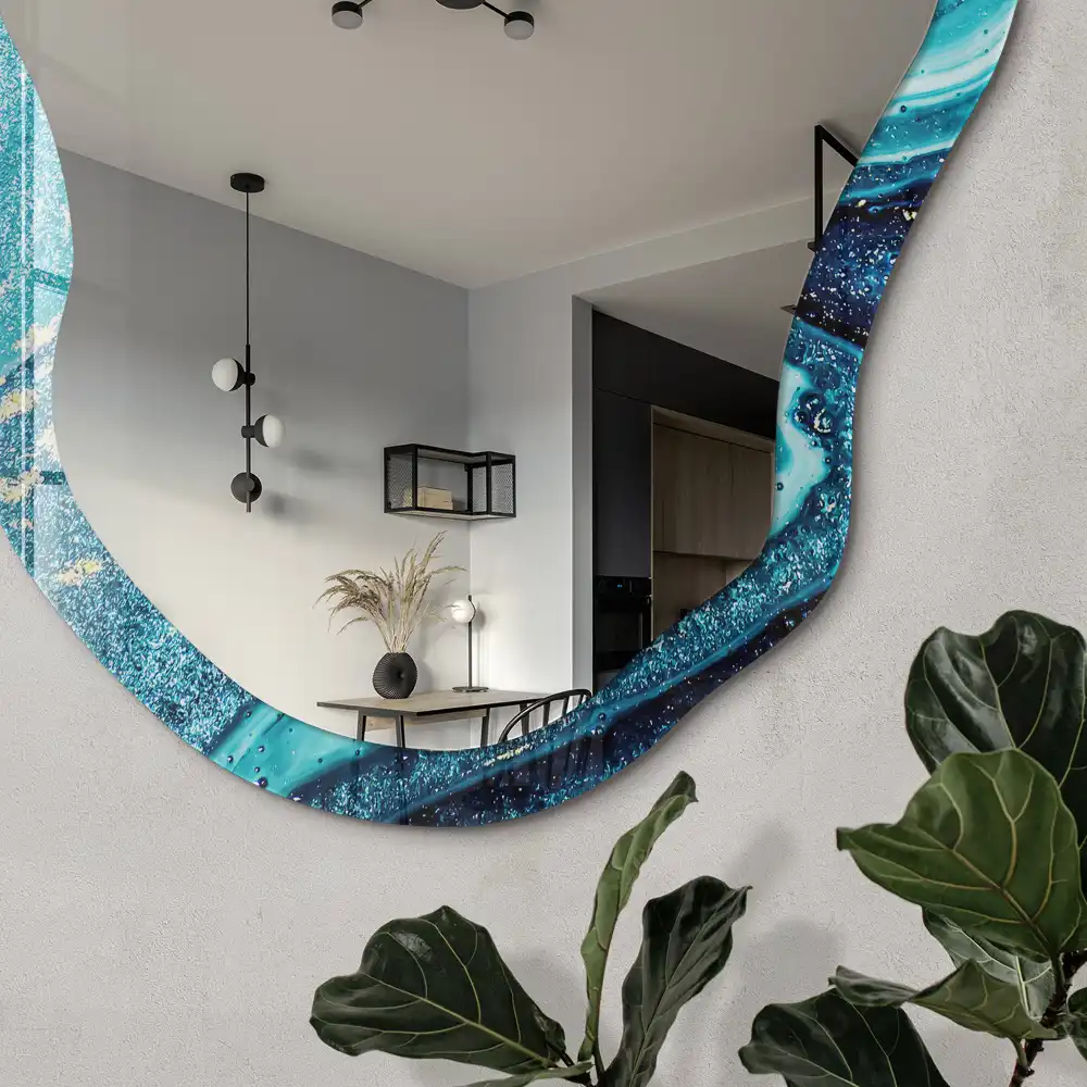 Miroir encadré avec impression forme irrégulière vague abstraite