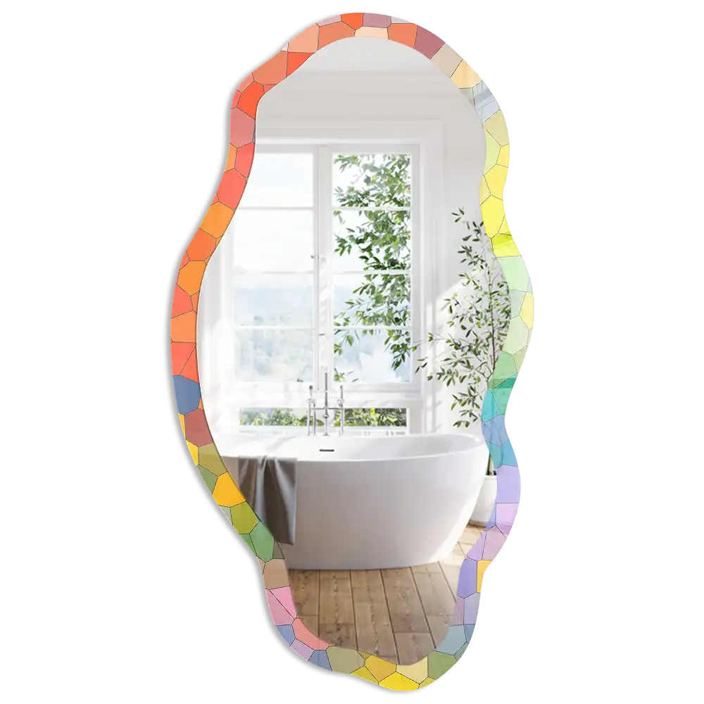 Miroir encadré à motif mosaïque coloré de forme irrégulière