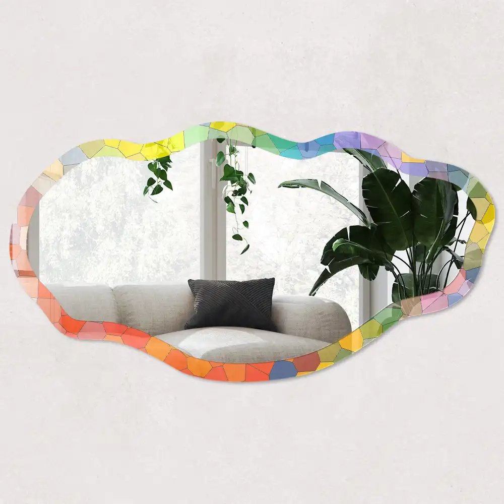 Miroir encadré à motif mosaïque coloré de forme irrégulière