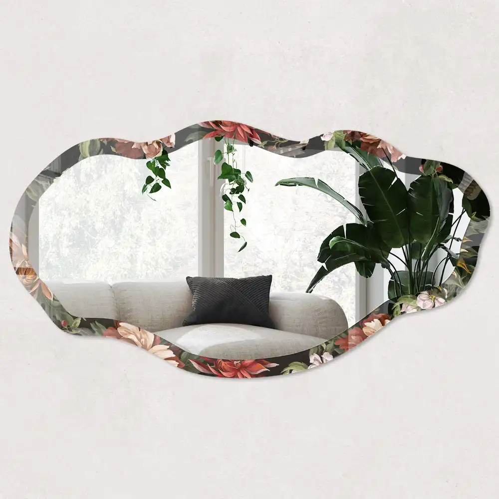 Miroir encadré à impression motif flore exotique forme irrégulière
