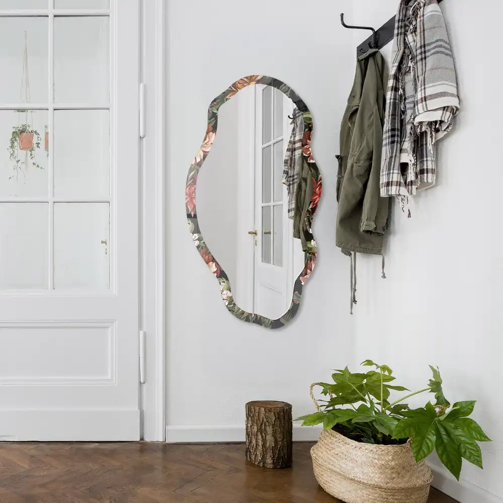 Miroir encadré à impression motif flore exotique forme irrégulière