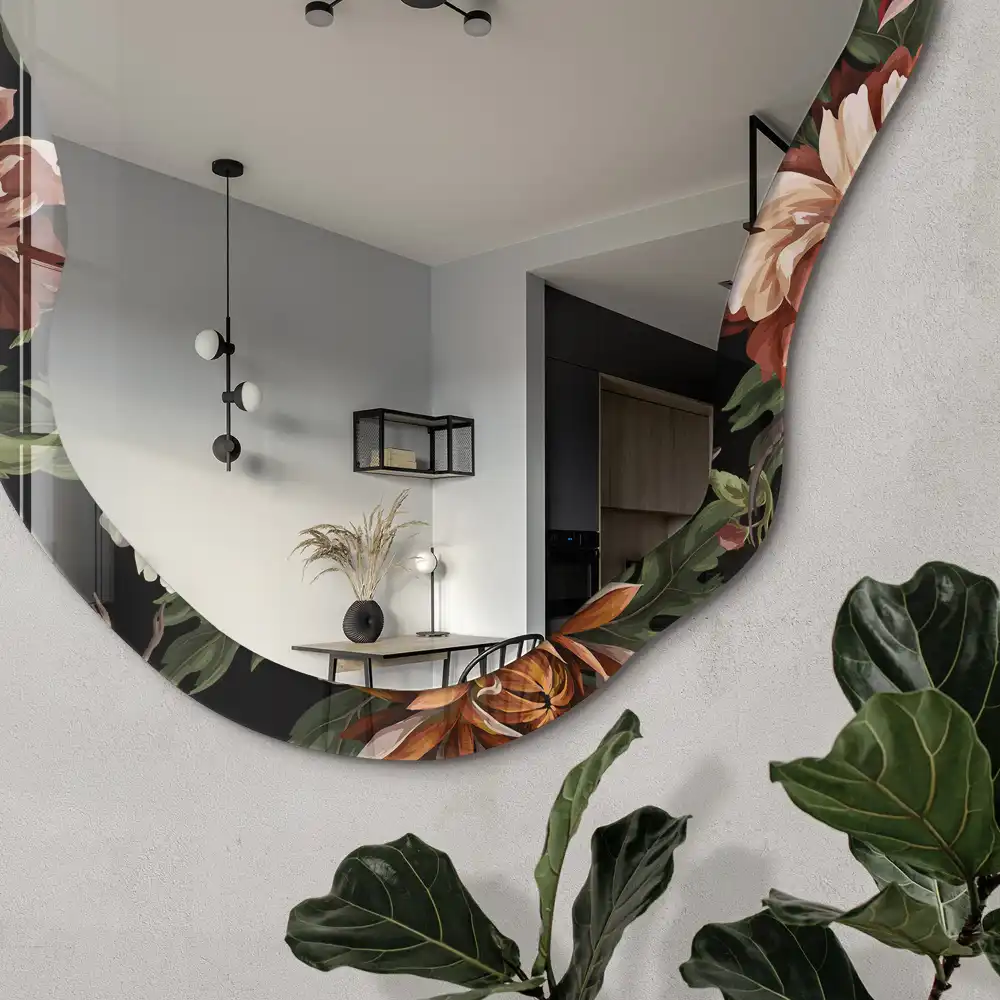 Miroir encadré à impression motif flore exotique forme irrégulière