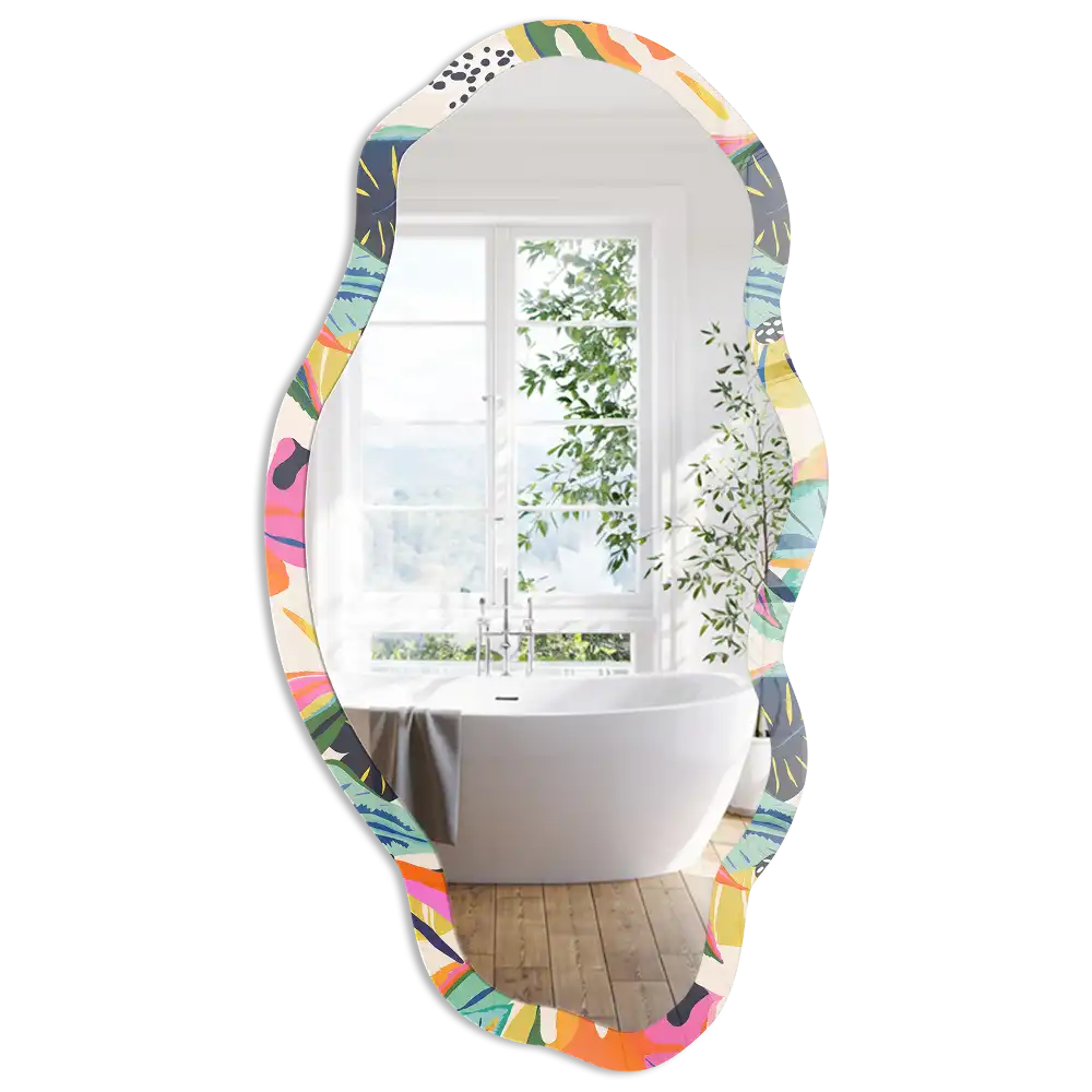 Miroir encadré à impression jungle multicolore de forme irrégulière