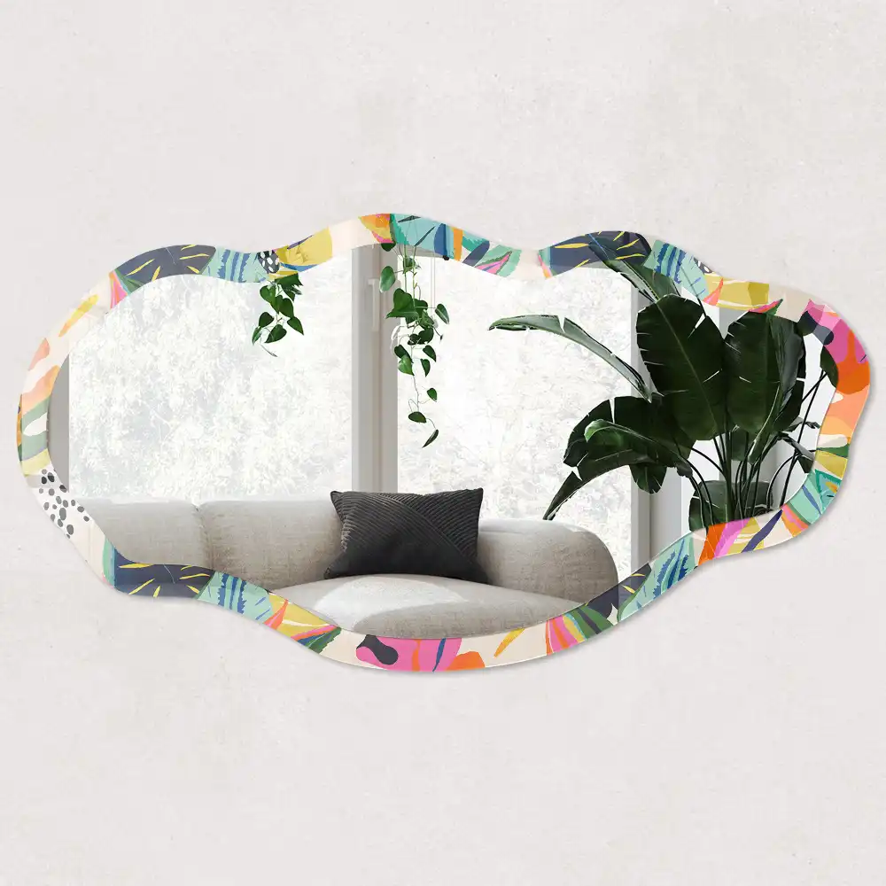 Miroir encadré à impression jungle multicolore de forme irrégulière
