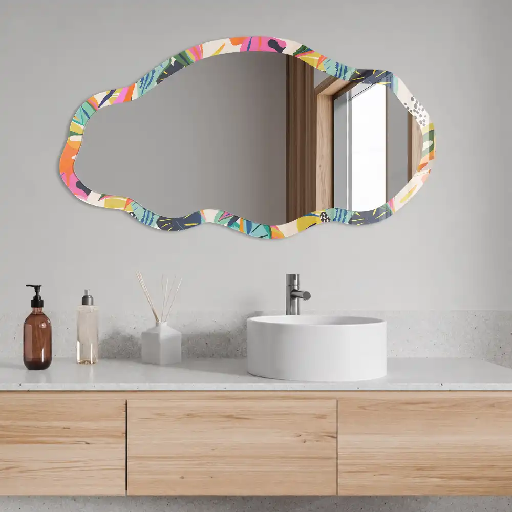 Miroir encadré à impression jungle multicolore de forme irrégulière