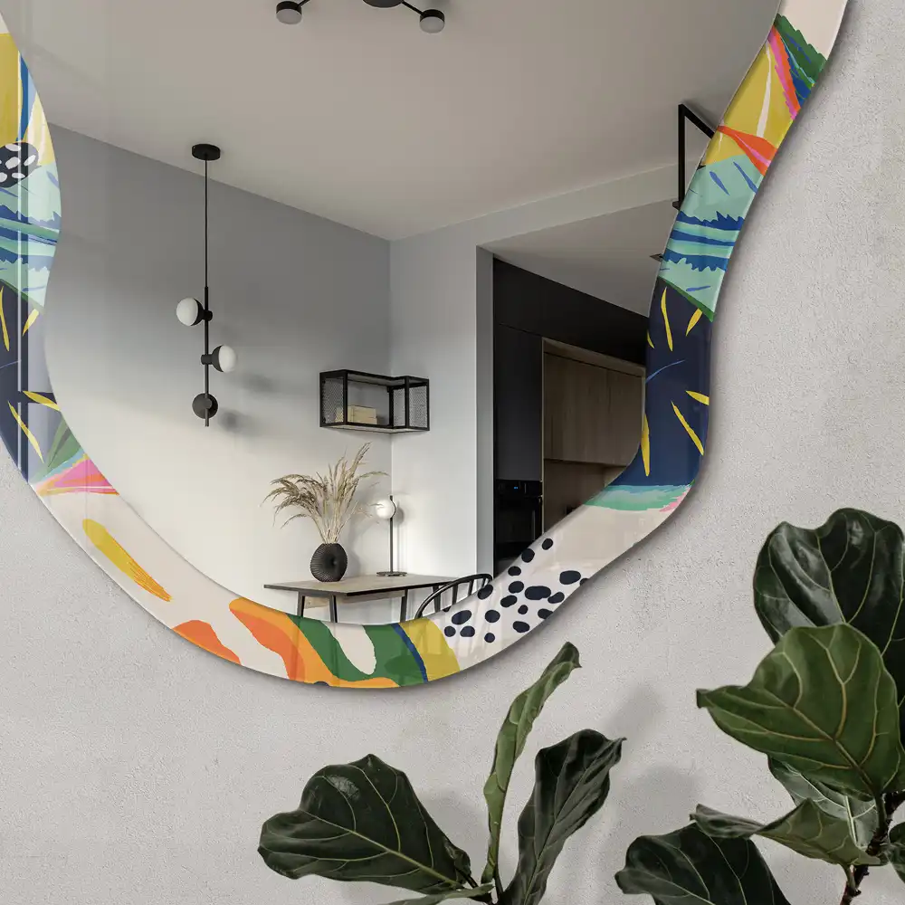Miroir encadré à impression jungle multicolore de forme irrégulière
