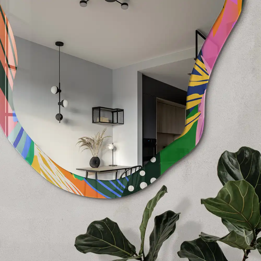 Miroir décoratif irrégulier à impression plumes colorées