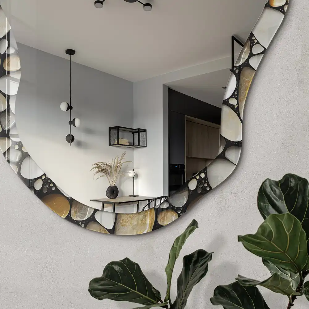 Miroir encadré à impression mosaïque de pierre de forme irrégulière