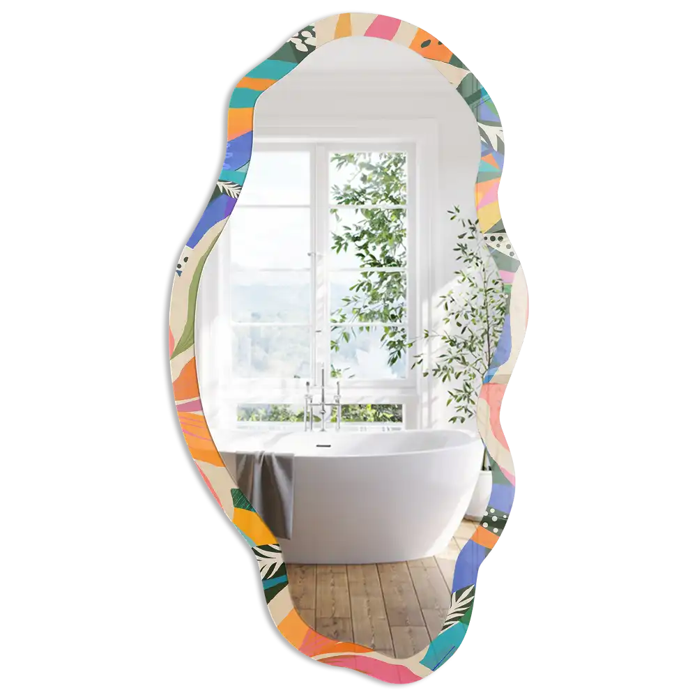 Miroir encadré à motif de feuilles exotiques aux formes irrégulières
