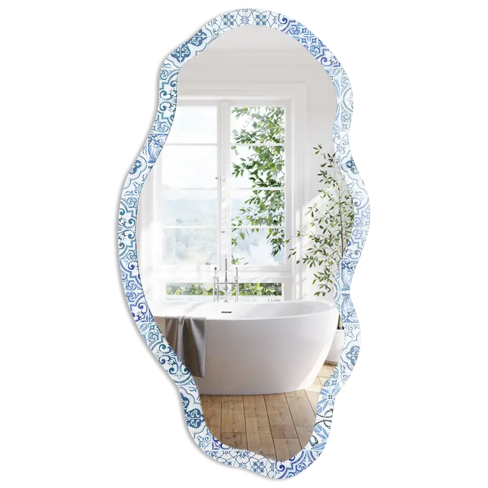 Miroir irrégulier à motif carreaux bleus