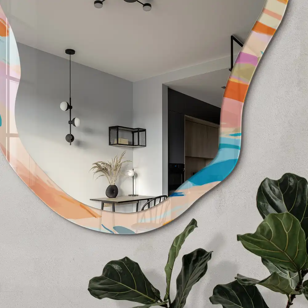 Miroir encadré à impression abstraite de forme irrégulière