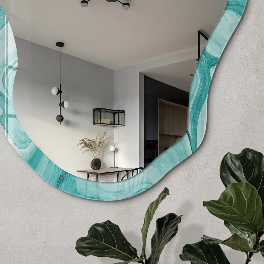 Miroir décoratif irrégulier avec impression marbre turquoise