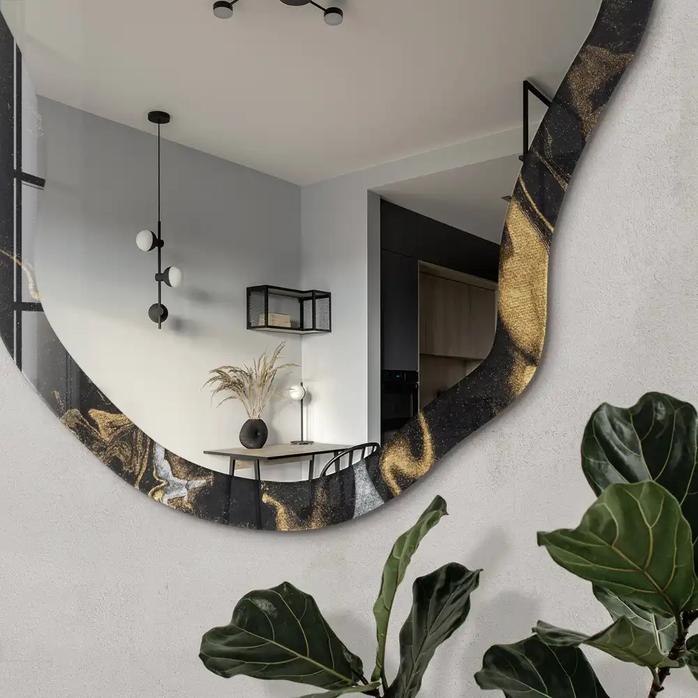 Miroir encadré avec impression tourbillon de marbre forme irrégulière