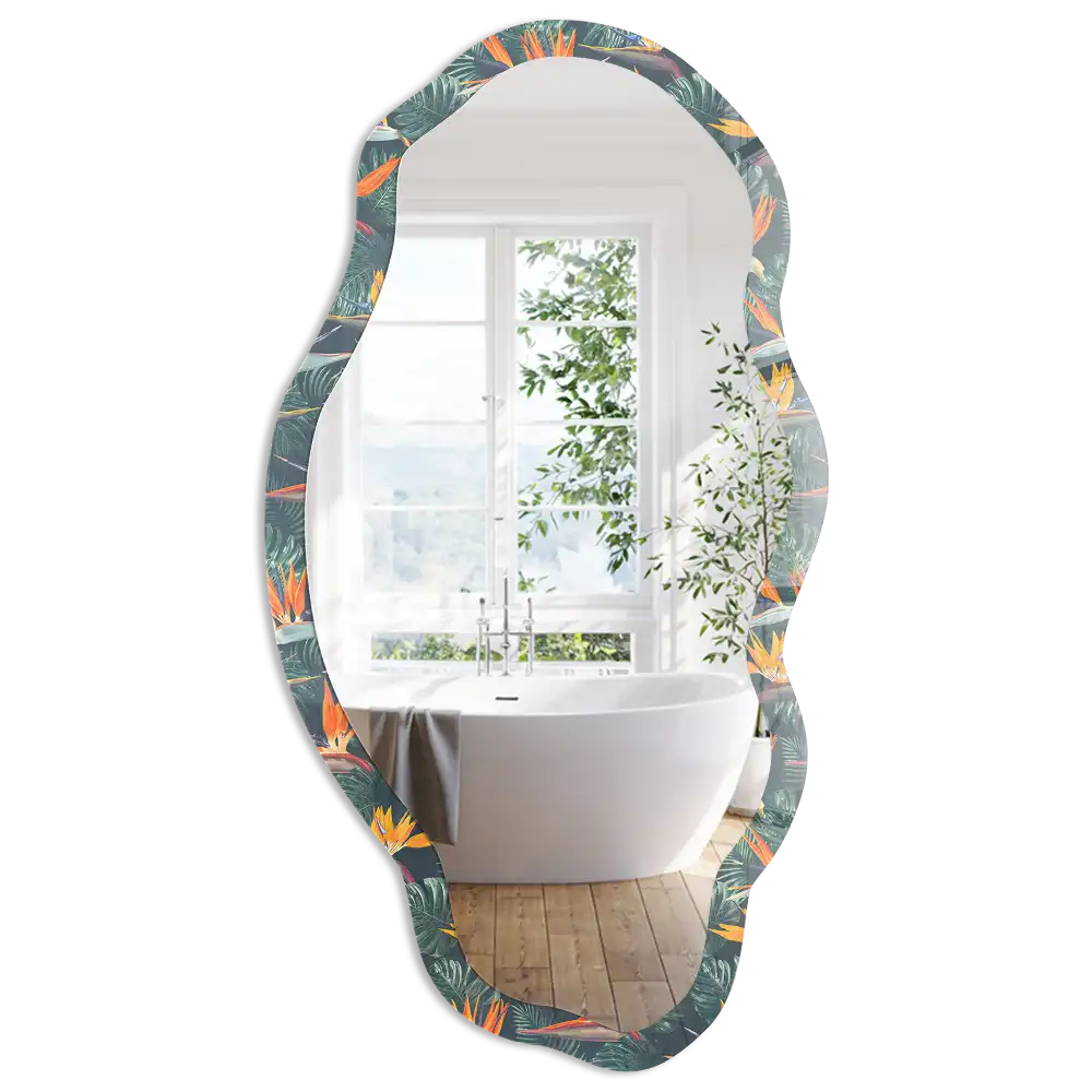 Miroir encadré à motif tropical et forme irrégulière