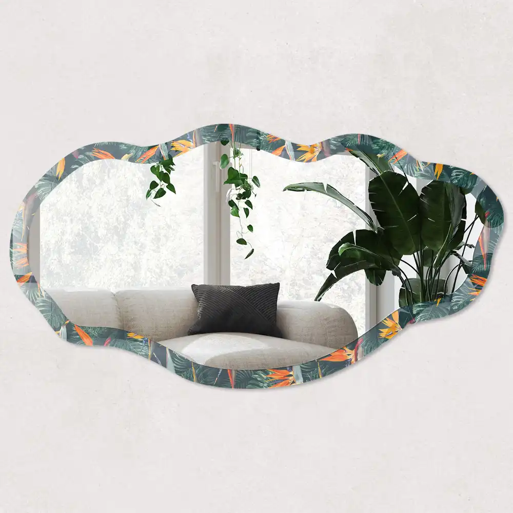 Miroir encadré à motif tropical et forme irrégulière