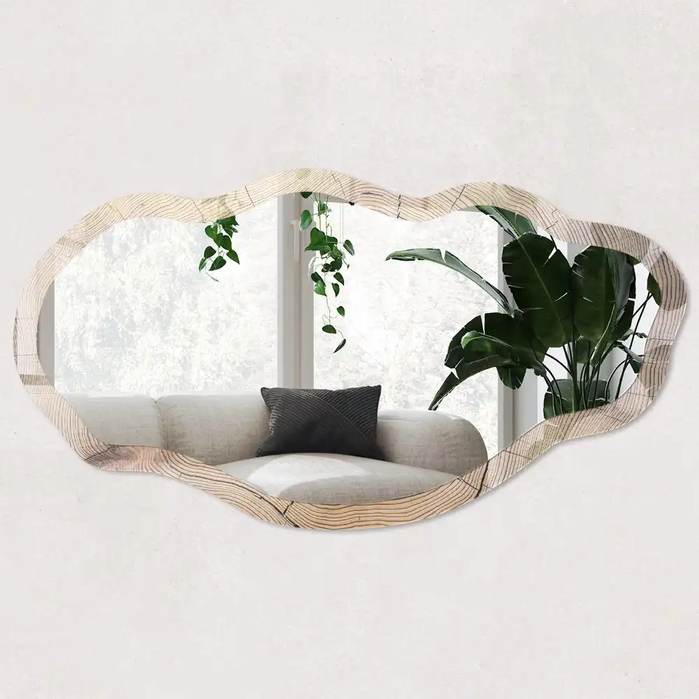 Miroir encadré à impression motif cernes de bois de forme irrégulière