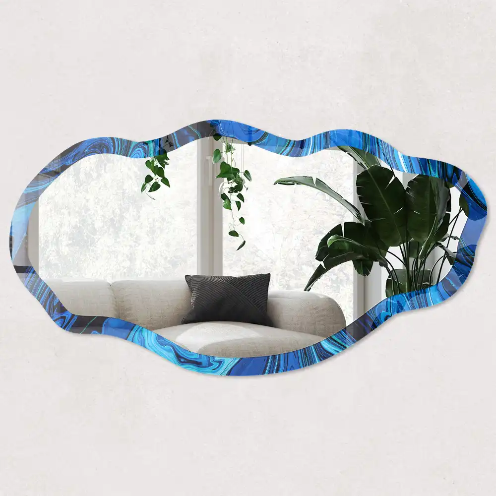 Miroir décoratif irrégulier avec impression abstraite bleue