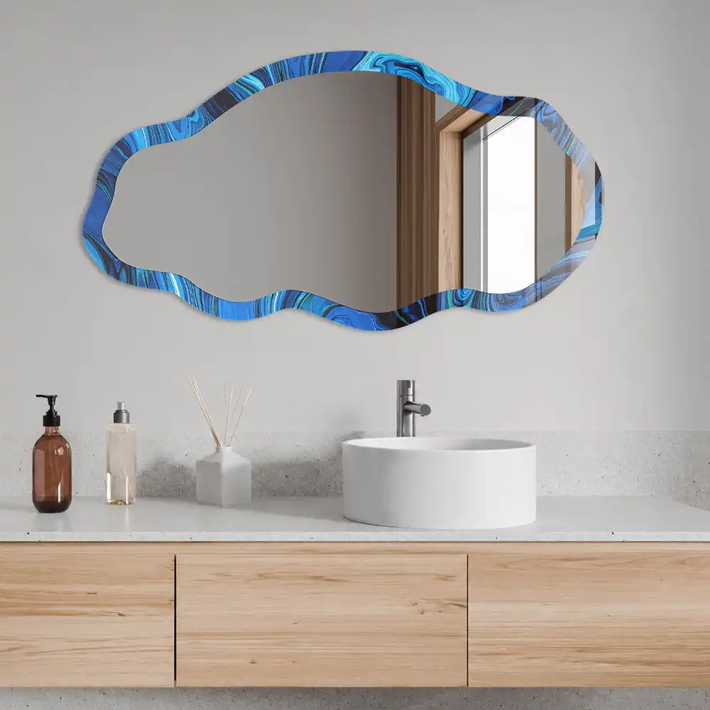 Miroir décoratif irrégulier avec impression abstraite bleue