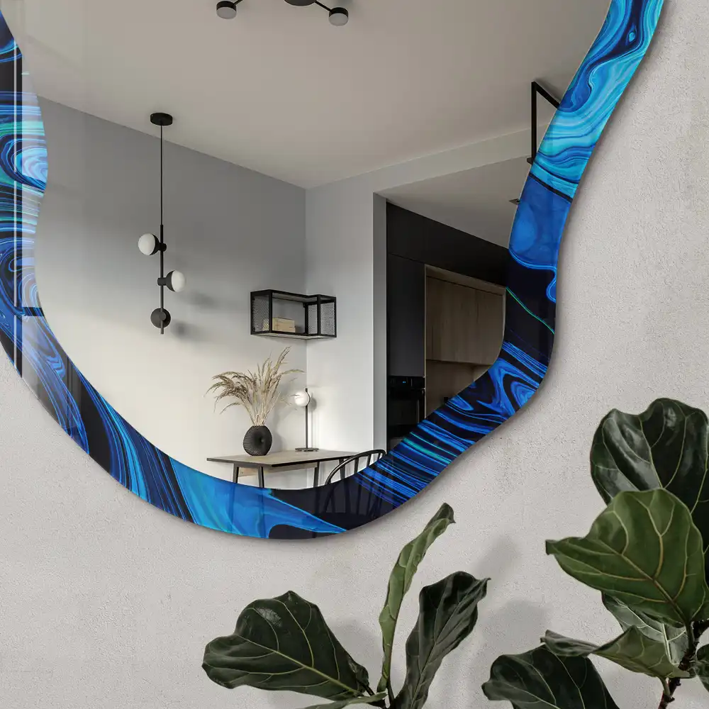 Miroir décoratif irrégulier avec impression abstraite bleue