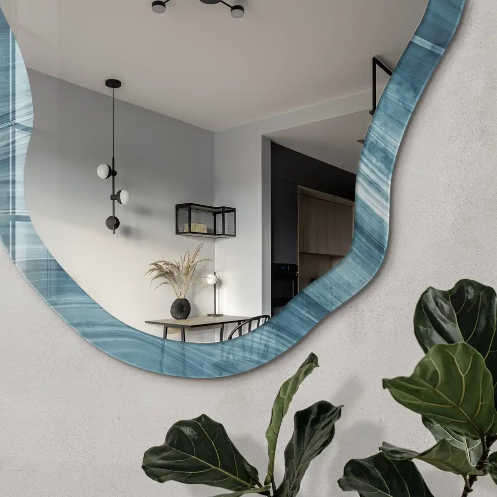 Miroir décoratif irrégulier à impression abstraite bleue