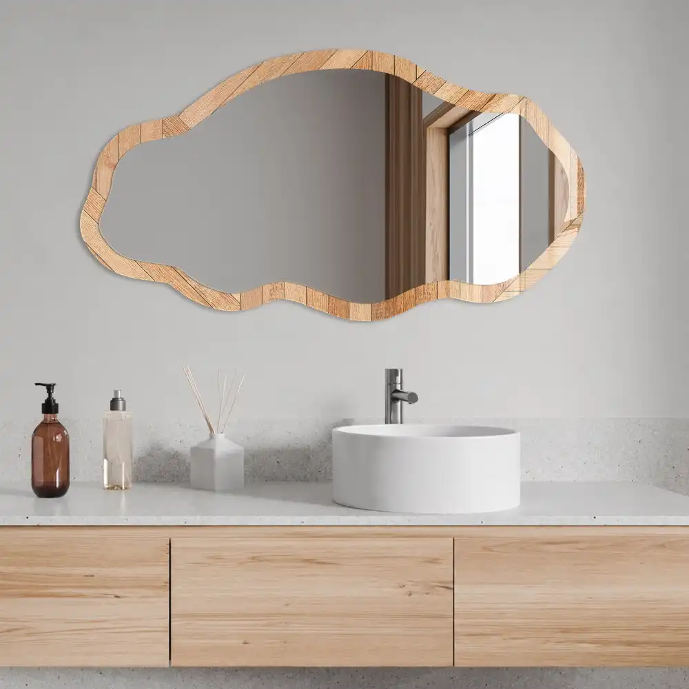 Miroir encadré à impression texture bois de forme irrégulière