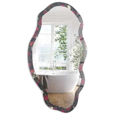 Miroir encadré à impression de crânes et roses forme irrégulière