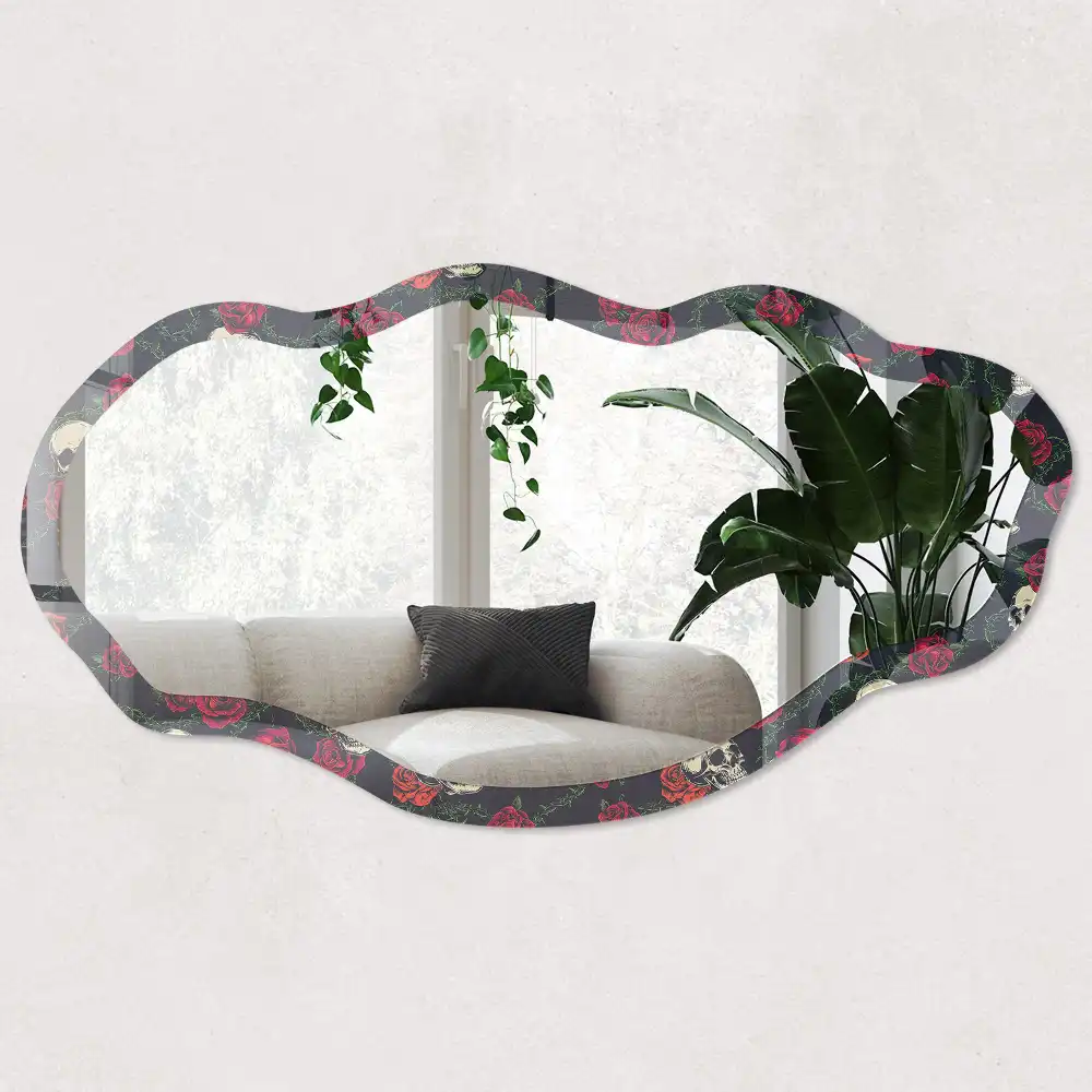 Miroir encadré à impression de crânes et roses forme irrégulière