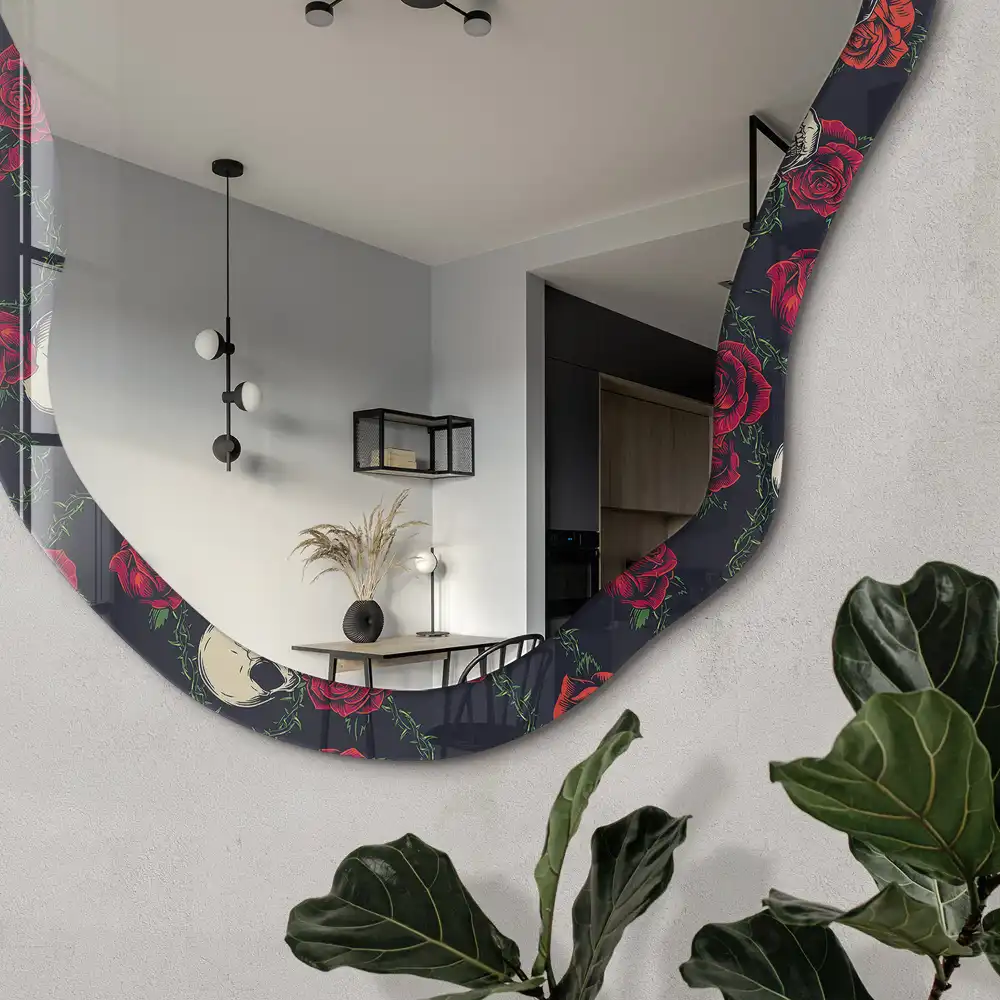 Miroir encadré à impression de crânes et roses forme irrégulière