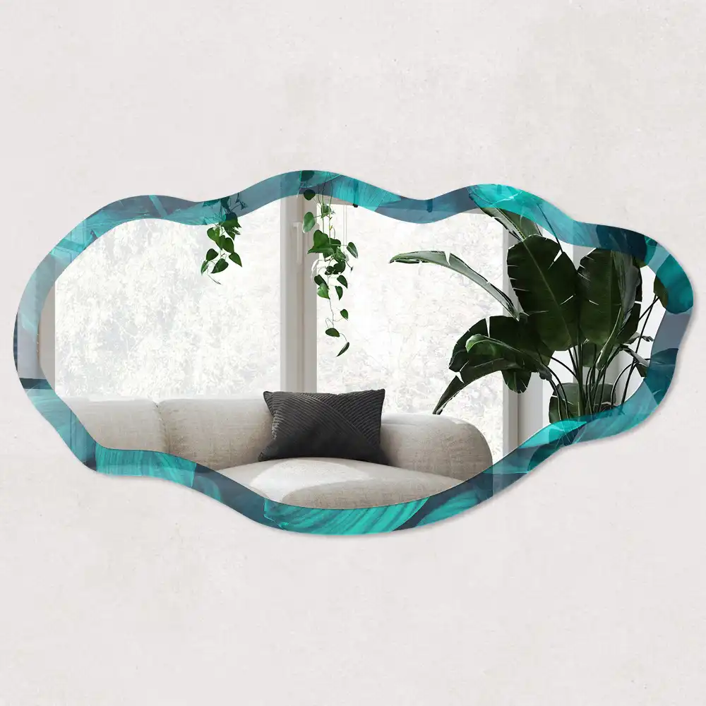 Miroir encadré à impression de feuilles turquoise forme irrégulière
