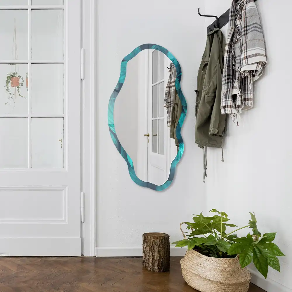 Miroir encadré à impression de feuilles turquoise forme irrégulière