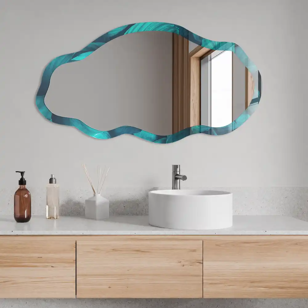 Miroir encadré à impression de feuilles turquoise forme irrégulière