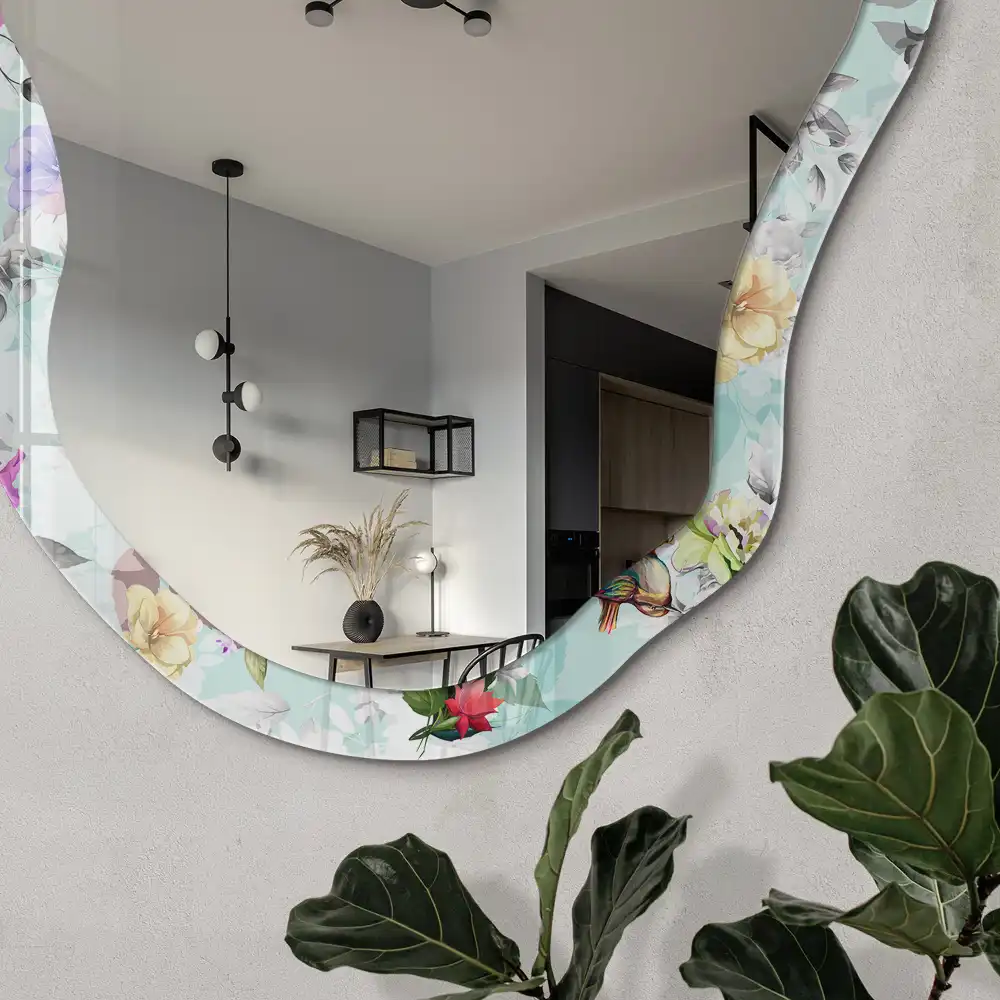 Miroir décoratif irrégulier à motifs fleurs et oiseaux