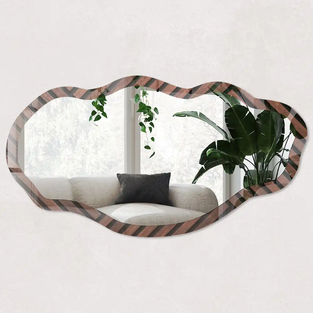 Miroir décoratif irrégulier à motif géométrique effet bois