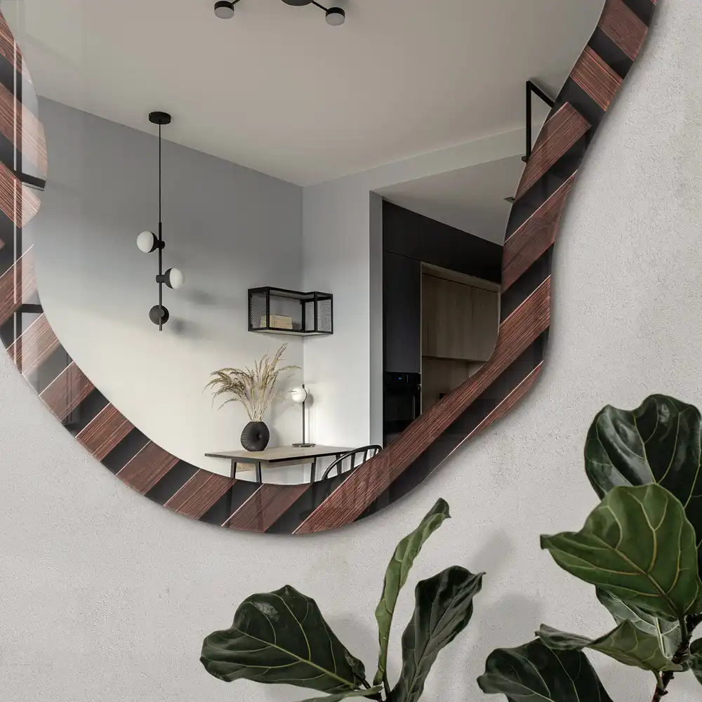 Miroir décoratif irrégulier à motif géométrique effet bois