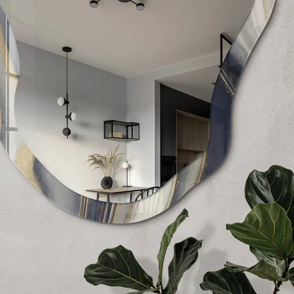 Miroir encadré à impression forme irrégulière et motifs ondulés