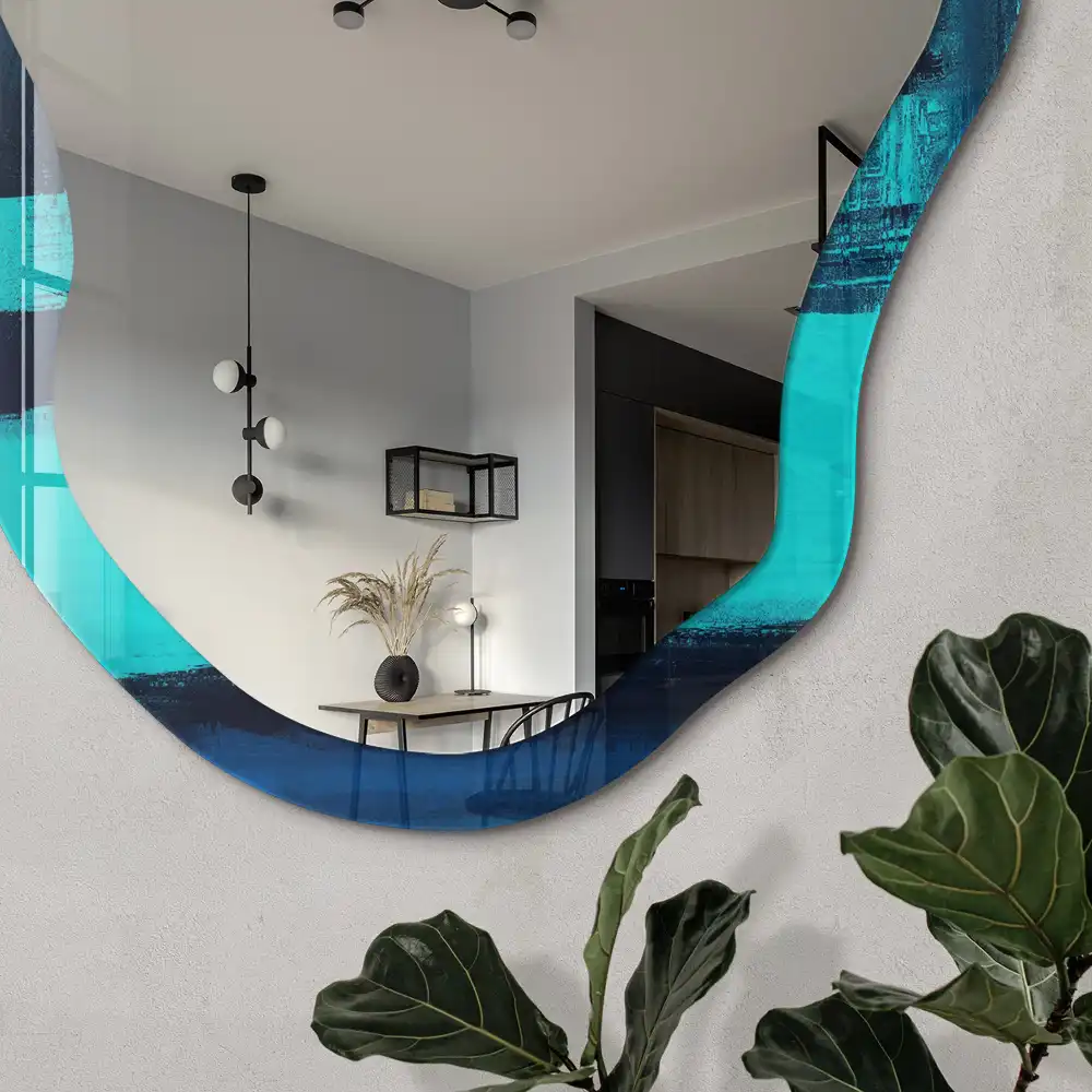 Miroir décoratif irrégulier à impression abstraite bleue