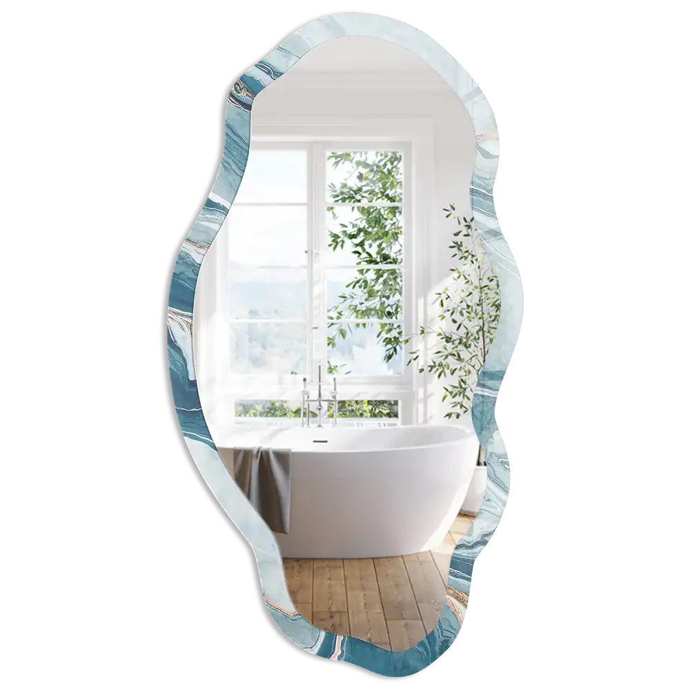 Miroir encadré à impression vagues de marbre forme irrégulière