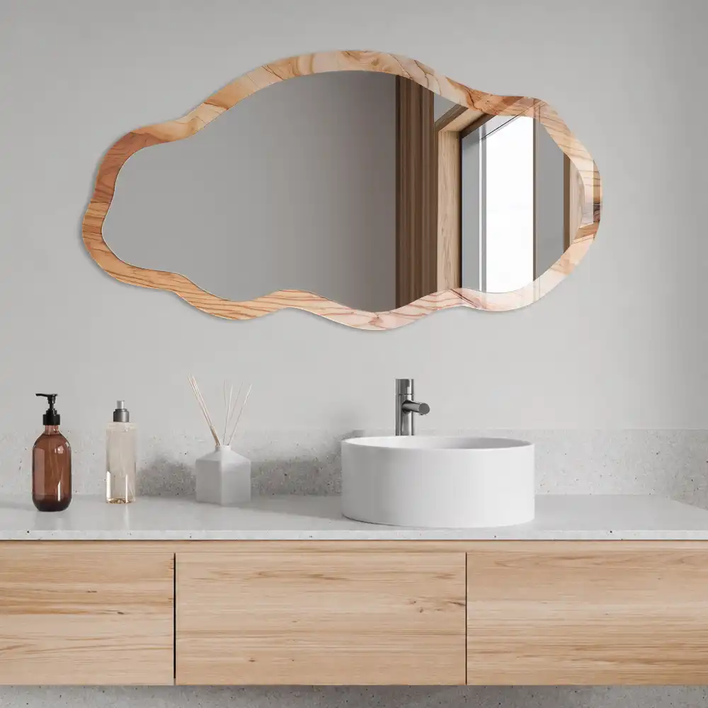 Miroir encadré à impression texture bois de forme irrégulière