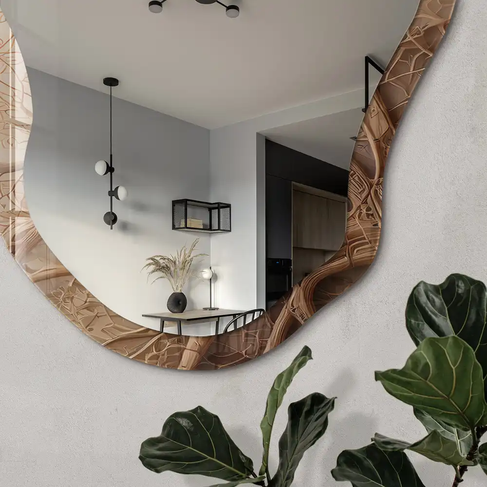Miroir encadré avec impression de liens végétaux aux formes irrégulières