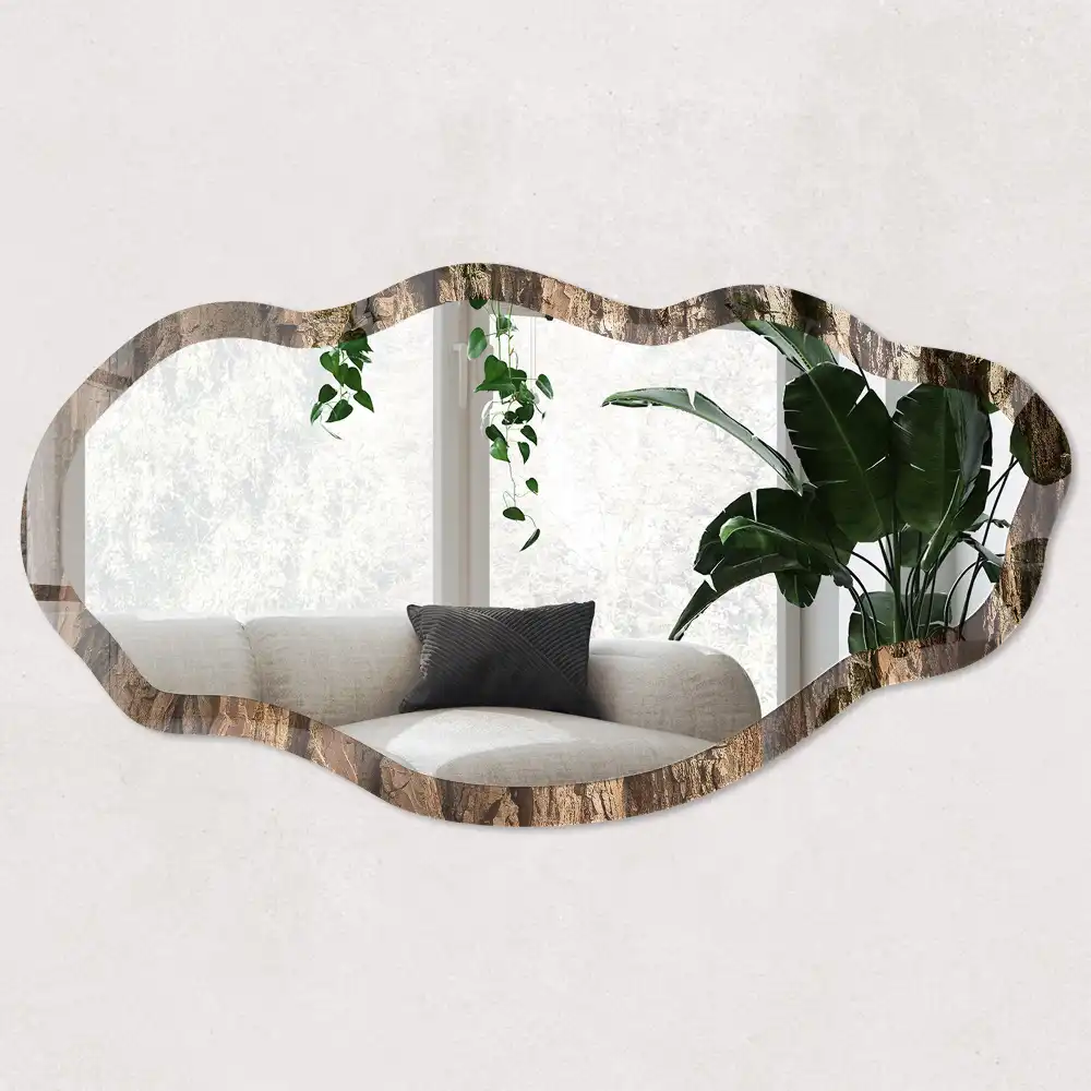 Miroir décoratif irrégulier avec impression effet bois