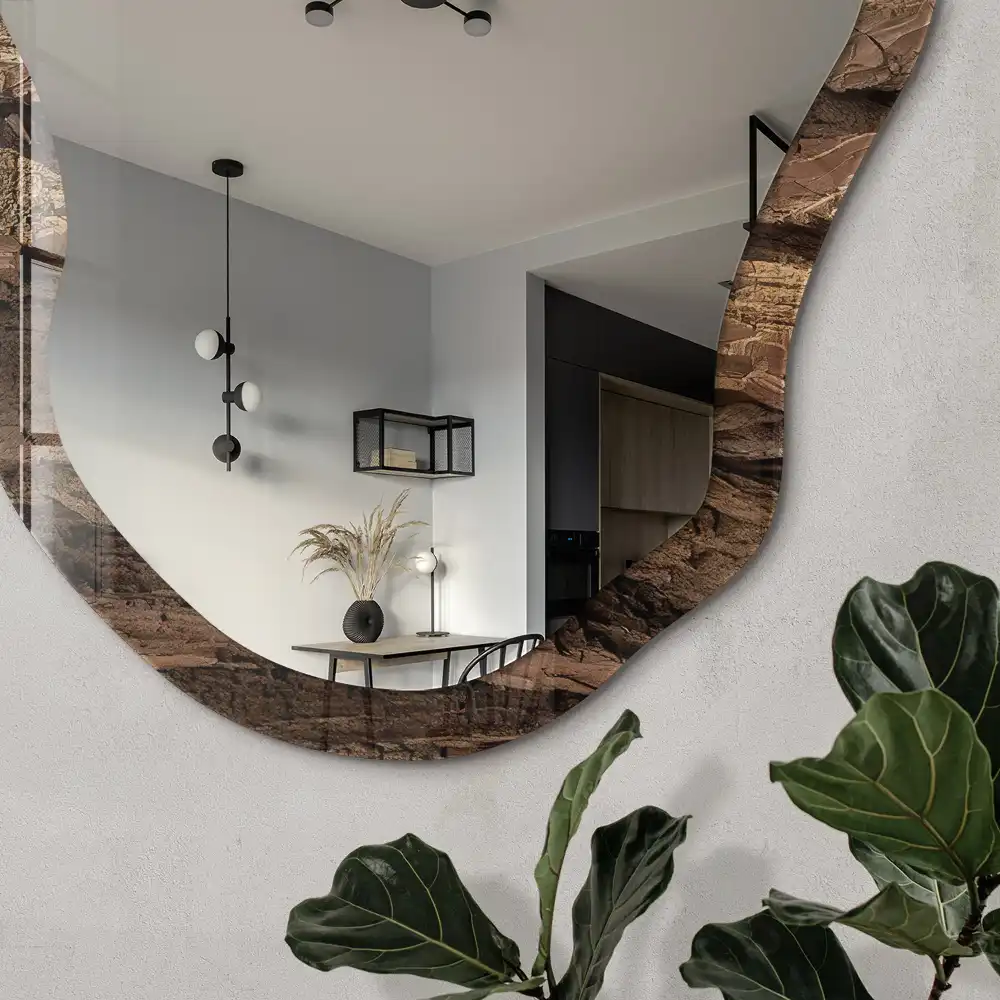 Miroir décoratif irrégulier avec impression effet bois