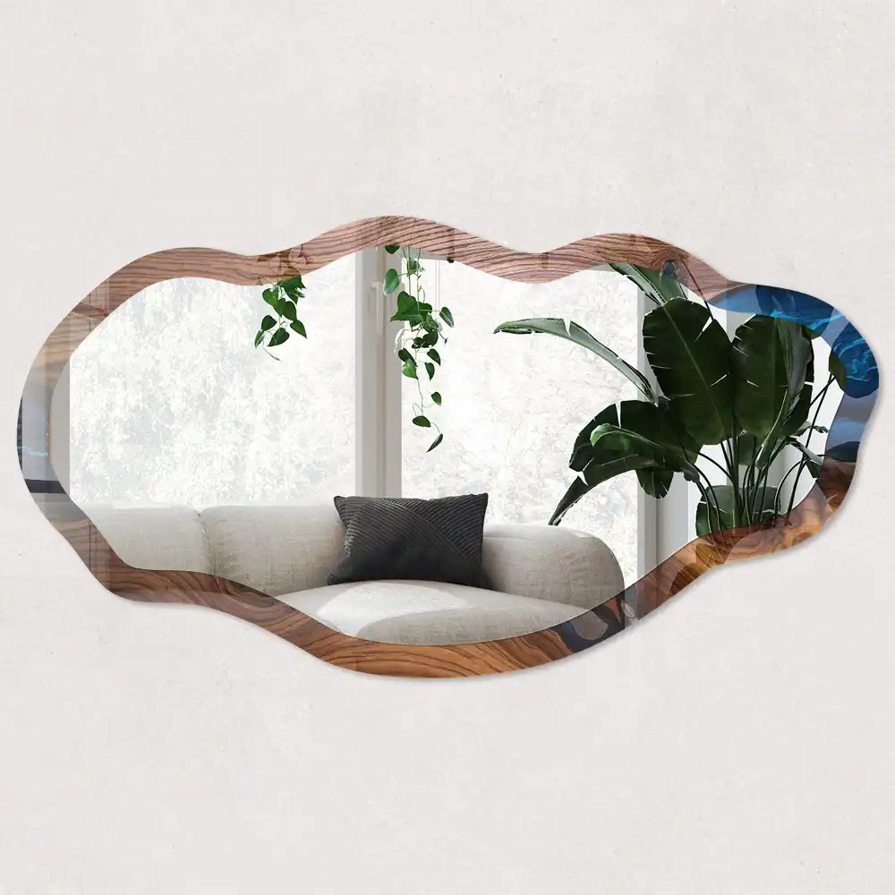 Miroir encadré avec impression forme irrégulière bois et eau