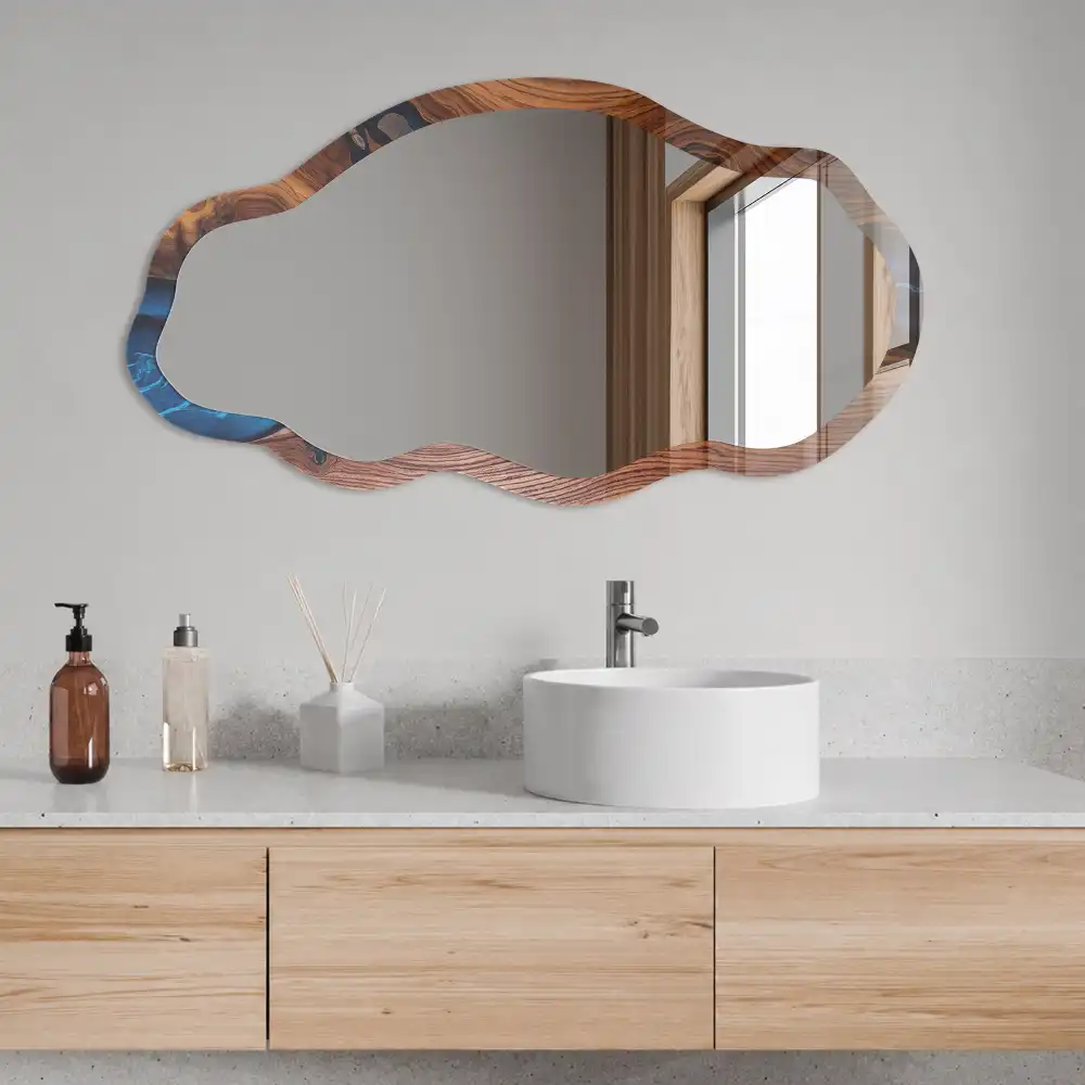 Miroir encadré avec impression forme irrégulière bois et eau
