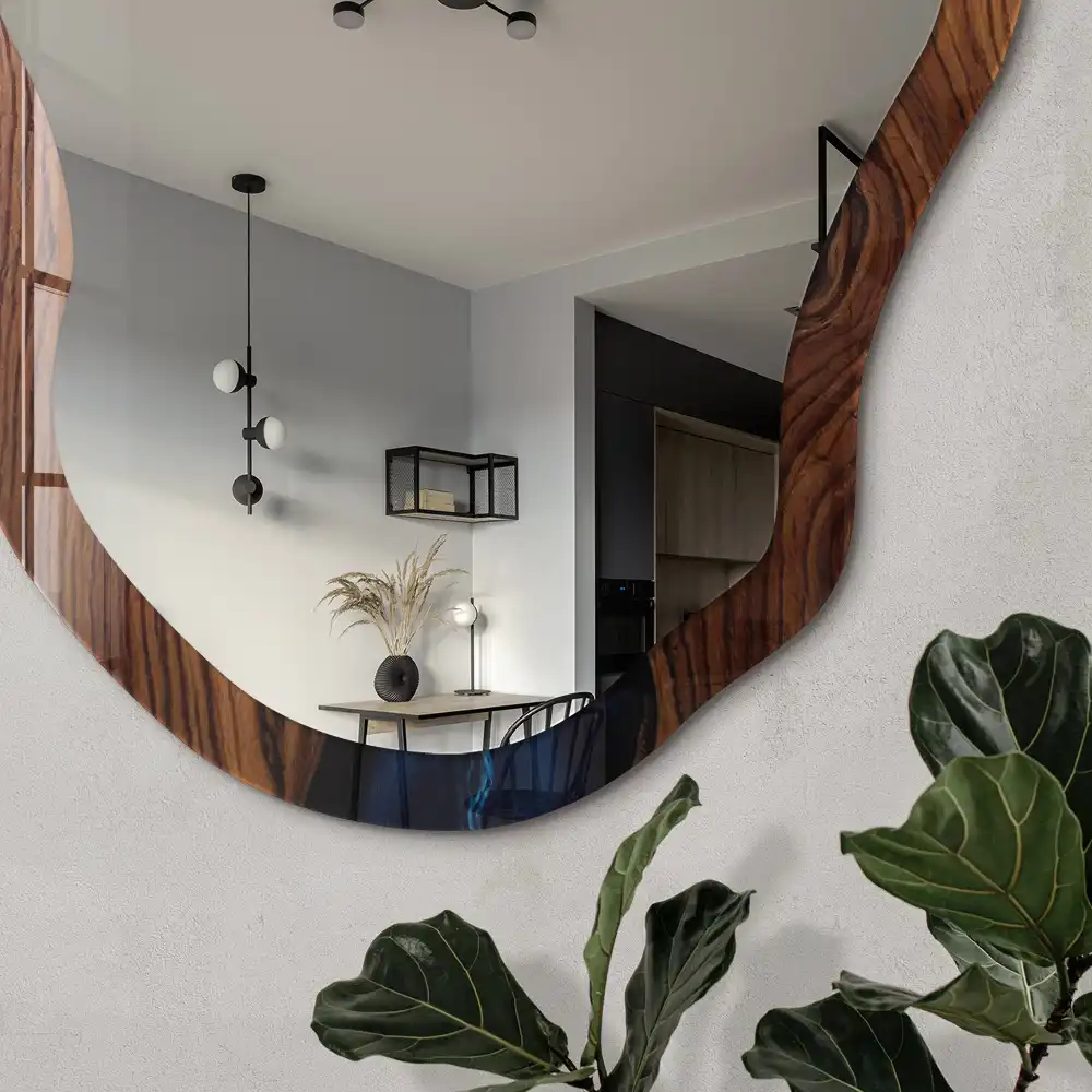 Miroir encadré avec impression forme irrégulière bois et eau
