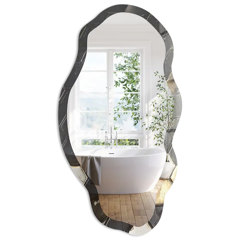 Miroir encadré à motif géométrique carrelé de forme irrégulière