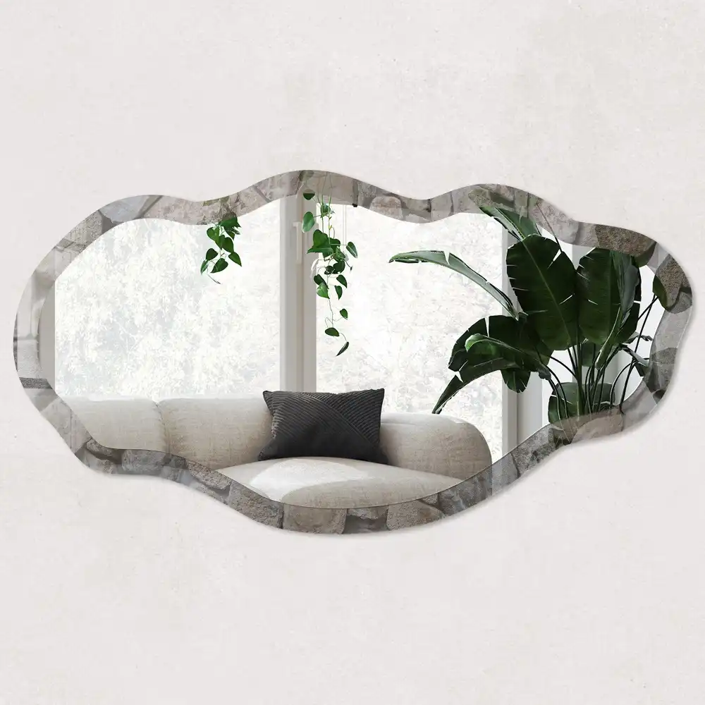 Miroir irrégulier avec impression mur de pierre